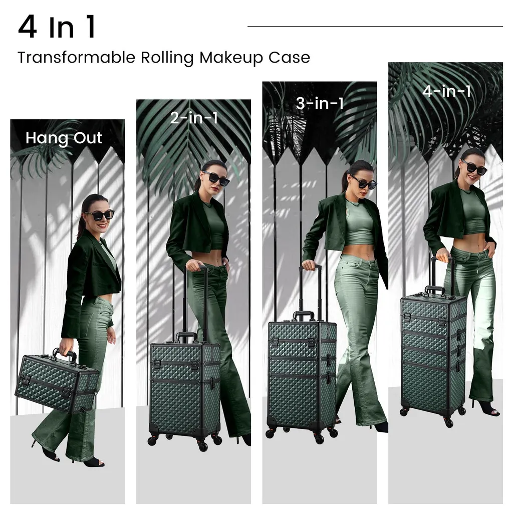 Valise maquillage design roulant avec 4 compartiments vert foncé chic - 3