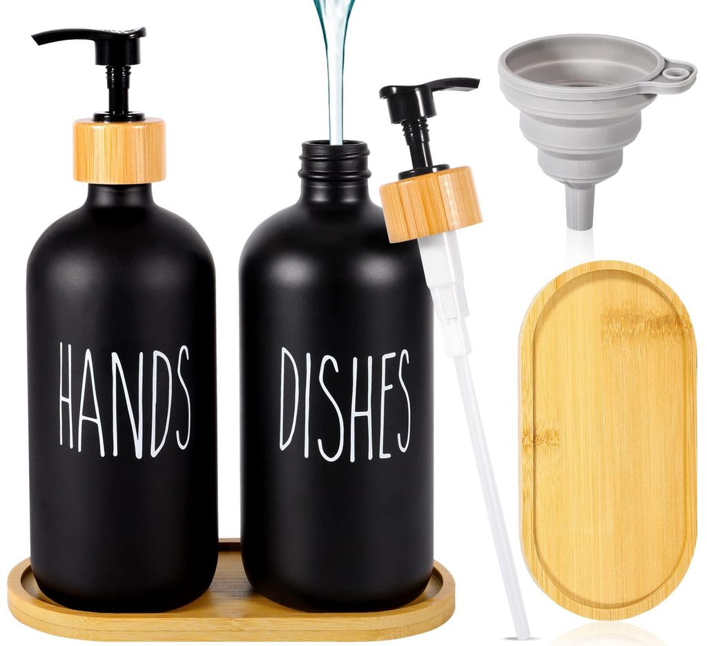 Küchenseifenspender 500 ml, Spülmittelspender aus Glas, Badezimmer-Set mit Handseifenspender, Ablage und Trichter, Silikon-Dekoration für Arbeit...
