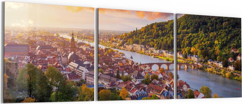 DEQORI Glasbild Echtglas 3x50x50 cm 'Blick über Heidelberg' Wandbilder XXL groß