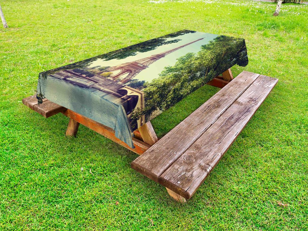 ABAKUHAUS Paris Tischdecke Outdoor, Eiffelturm Seine Fluss Bild Frankreich Europäer Markstein Bild, Mandelgrün Blassbraun, 145x305cm