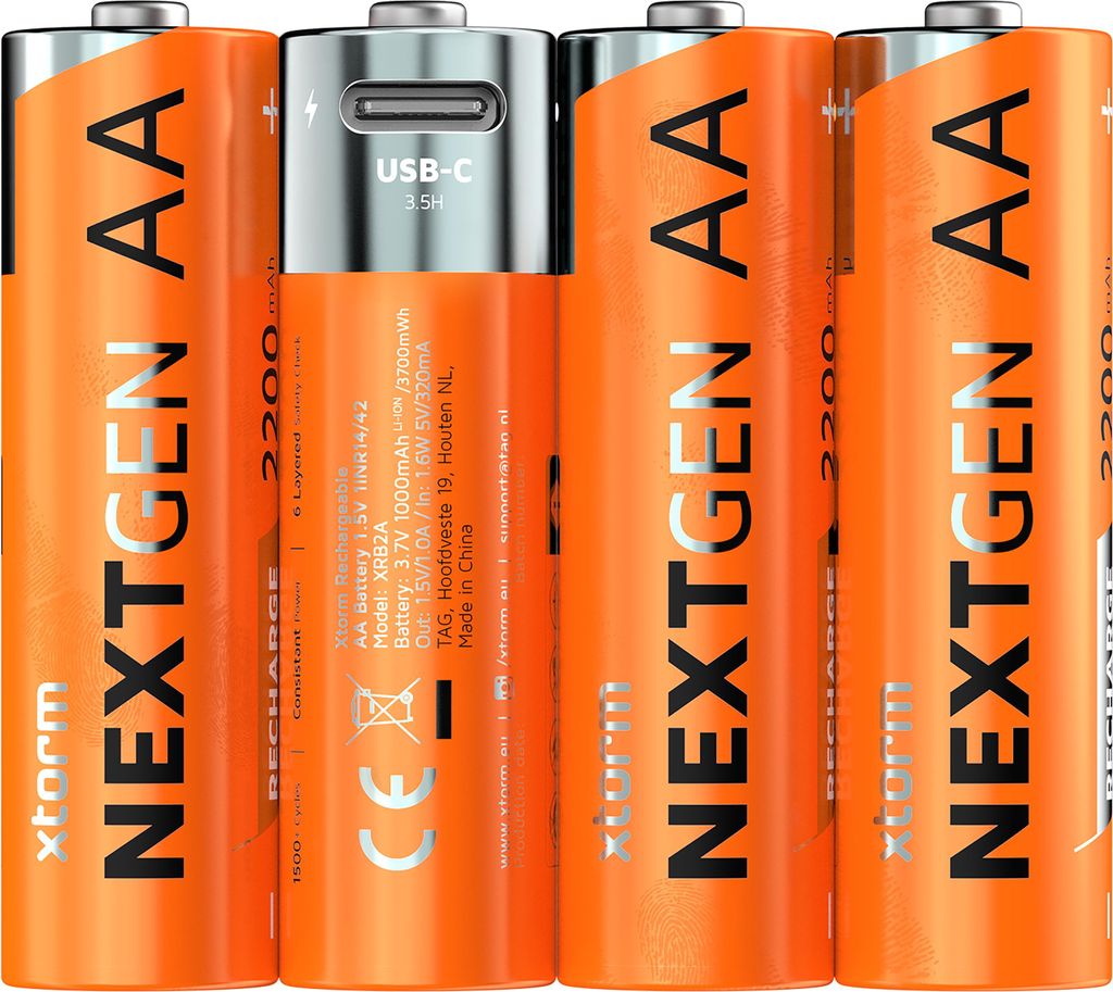 Xtorm, 4er-Pack AA Akkus USB-C wiederaufladbar NextGen mit Kabel, Orange