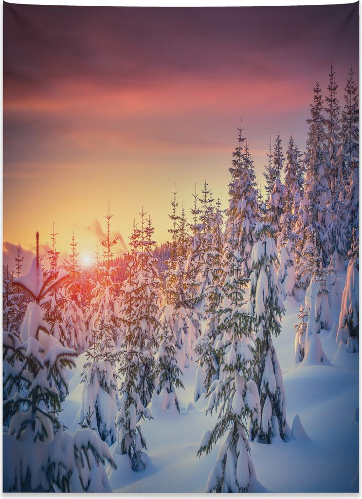 Abakuhaus Wald Wandteppich, Sonnenaufgang im Winter aus Weiches Mikrofaser Stoff Kein Verblassen Klare Farben Waschbar, 110 x 150 cm, Weiß Rot