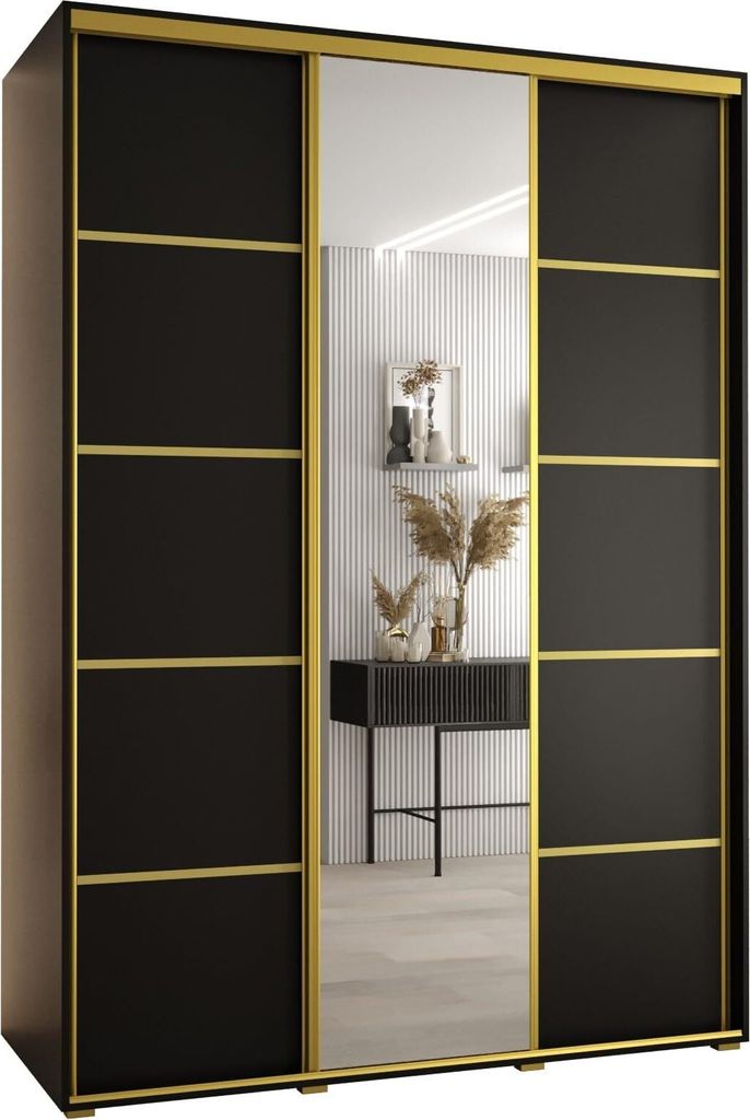 MEBLE KRYSPOL Cannes 5 Schrank mit 3 Schiebetüren - 205,2x170x60 cm - Schwarz Schwarz Gold