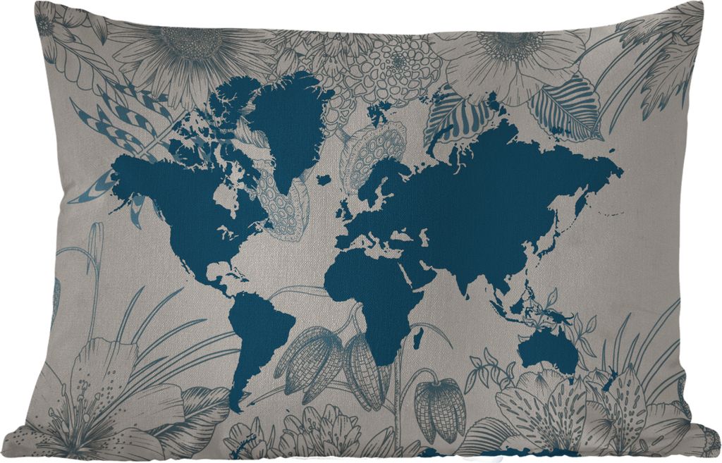 MuchoWow Outdoor Kissen - Weltkarte - Blau - Blumen - 60x40 cm - Wetterfest - Lounge Kissen - Zierkissen - Kissen für Innenräume