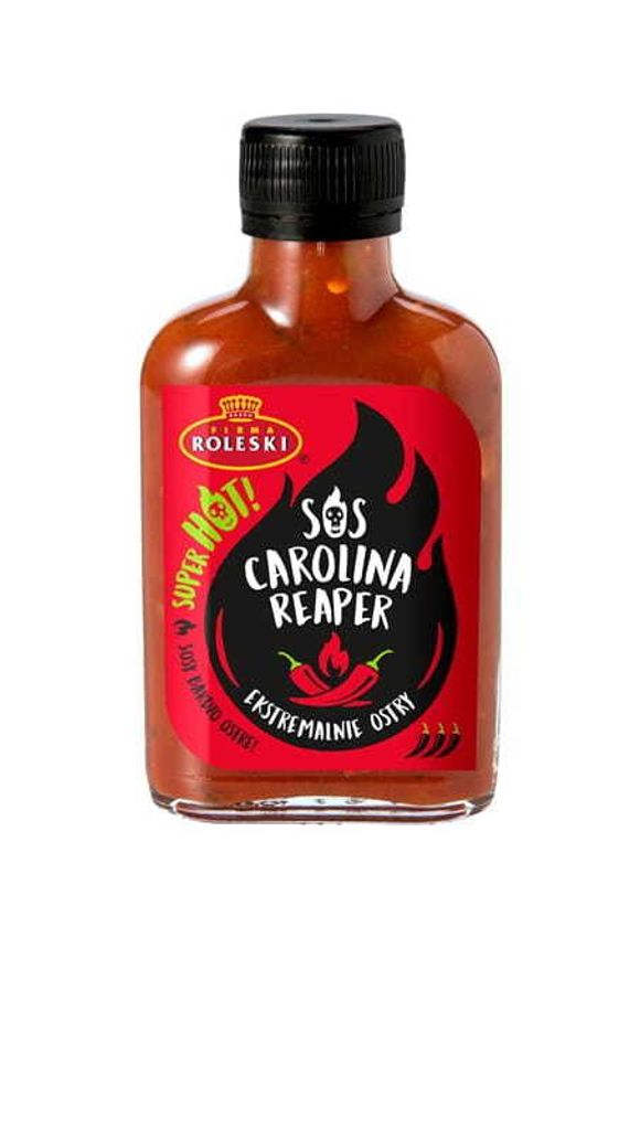 A bottle of Carolina Reaper hot sauce against a white background.
