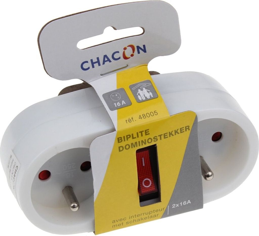 CHACON - Fiche DOMINO 2 X 16 blanc + interrupteur - Image du produit 