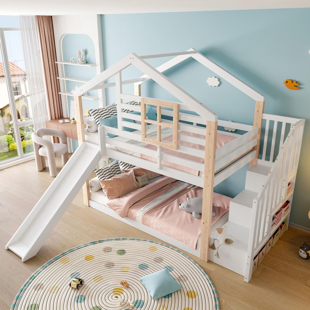 okwish Etagenbett 90×200 Bettgestell mit einer Matratze,Kinderbett mit Rutsche und Treppe,Doppelbett mit Massivholzkonstruktion und Stauraum,Weiß