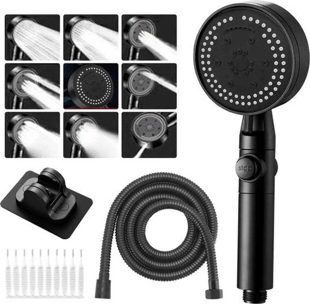 Kit douchette haute pression noire avec 8 jets et support sans percer