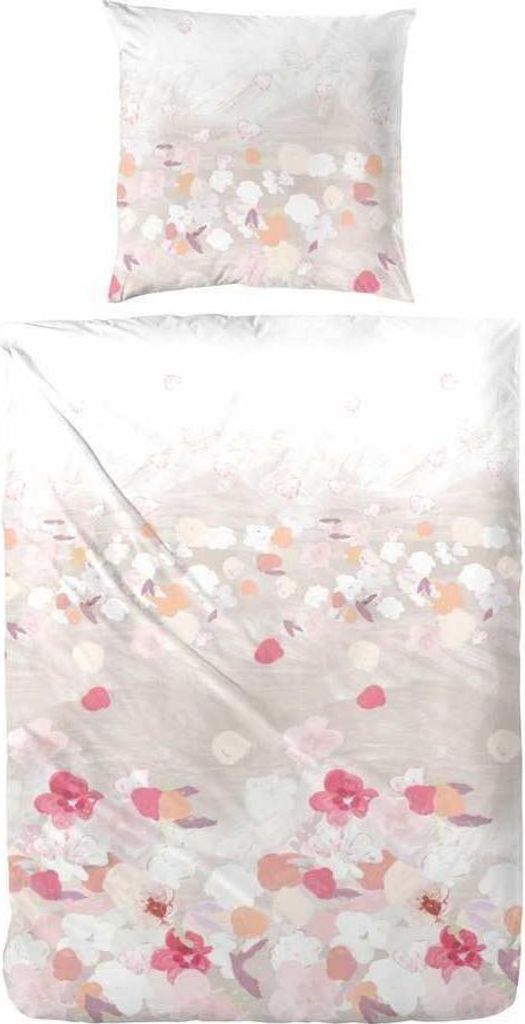 Hahn Renforcé Bettwäsche Baumwoll Blumen Beige Rosa Grau 100% Baumwolle Reißverschluss Bettbezug Kissenbezug Bettgarnitur Bettzeug 155x220 cm