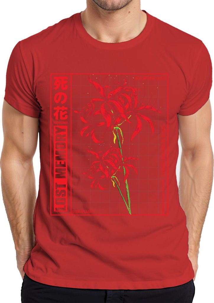 Rote Spinnenlilie LOST MEMORY japanische Blume Anime Otaku Ästhetik Herren T-Shirt, Rot, L
