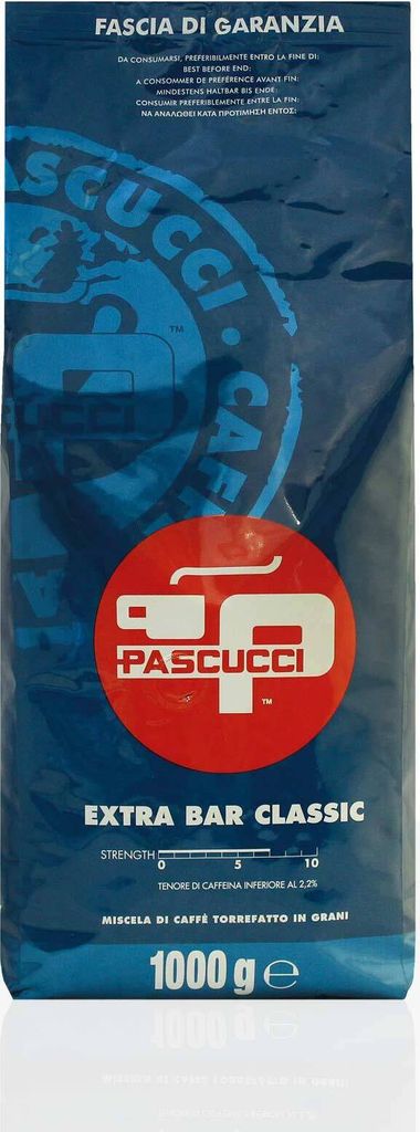 A bag of PASCUCCI Extra Bar Classic Espresso coffee beans.
