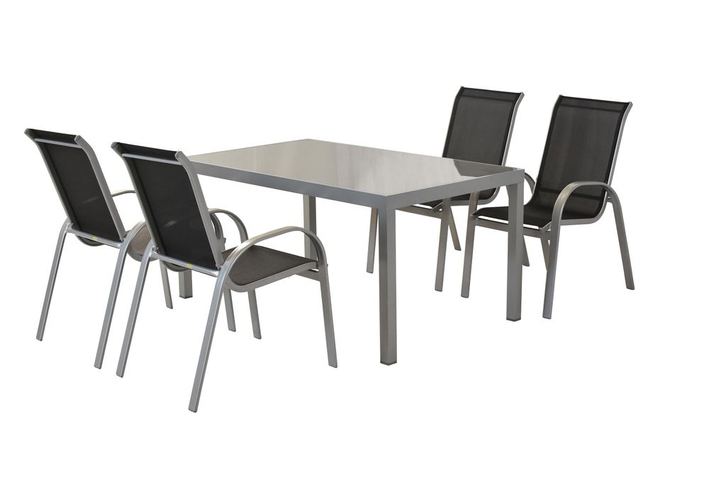 Merxx Gartenmöbel Set Amalfi schwarz 5tlg., 4 Stapelsessel, 1 Tisch 150 x 90 cm - Aluminium/Textil