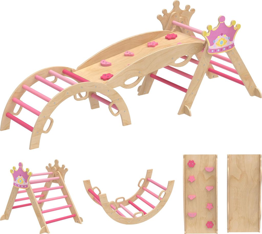 8-in-1 Indoor-Klettergerüst für Kinder, Prinzessinnen-Design, Rutsche, Rampe, Bogen, Holz