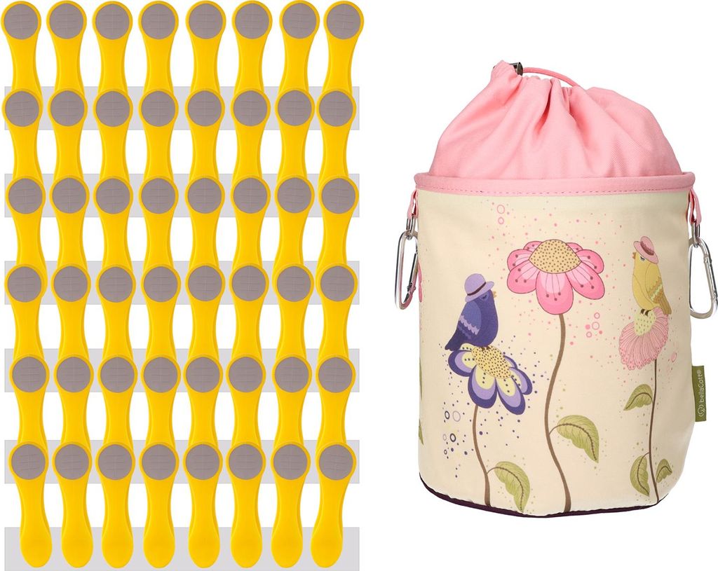 trendfinding 48 Wäscheklammern Gelb-Grau Edelstahl und 1 Wäscheklammerbeutel Vögel auf Blumen