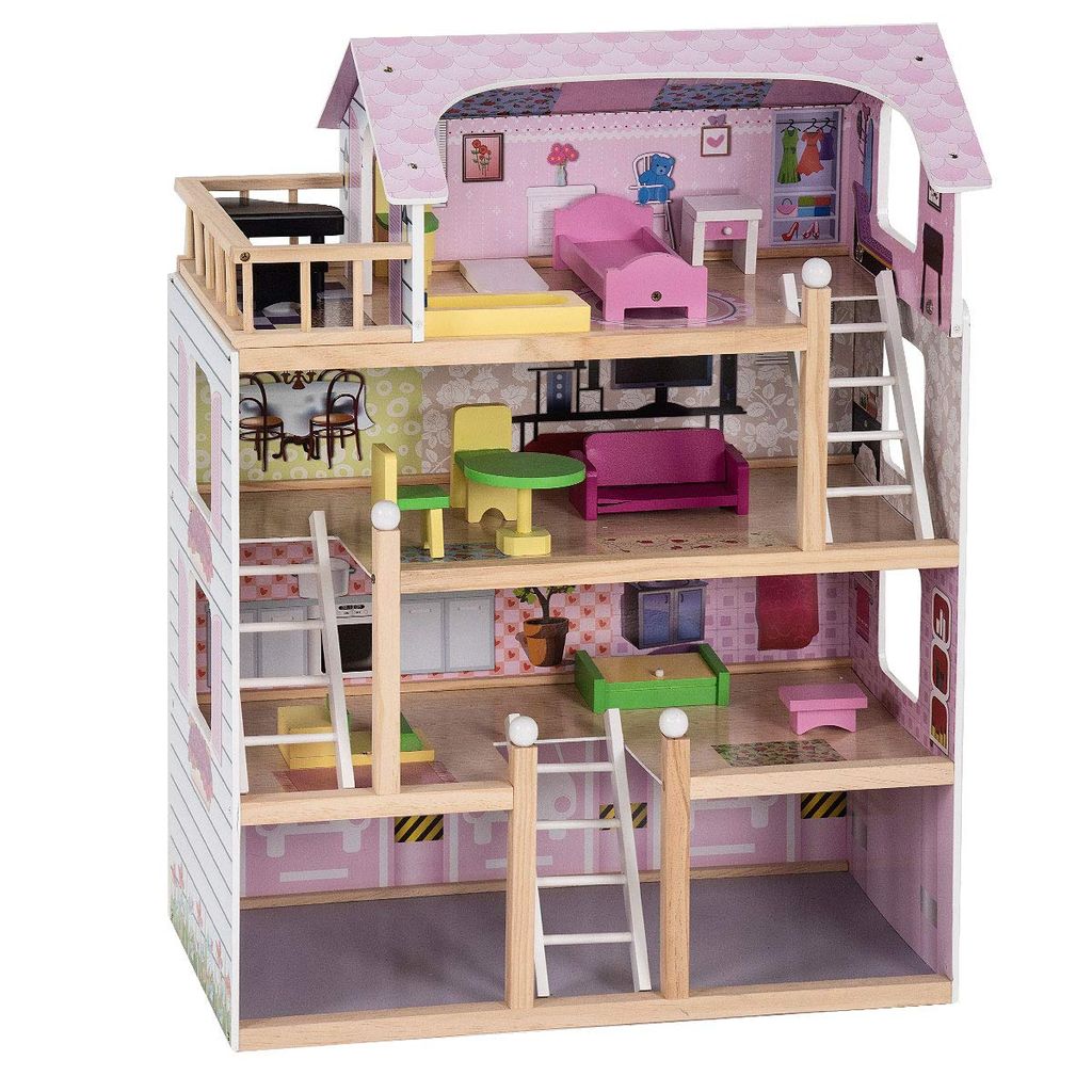 Puppenhaus aus Holz Puppenstube 3 Etagen,5 Zimmer mit Möbeln und Balkon ^ 
