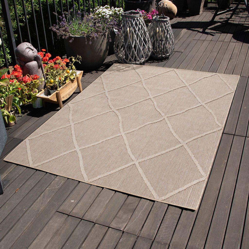 In & Outdoor Teppich Wetterfest Rauten Design für Küchen Balkon Terrasse Garten oder Wohnzimmer Teppich, Größe: 240 x 340 cm, Farbe: Beige-2