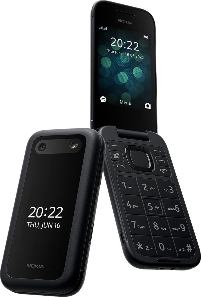A black Nokia flip phone is shown open against a white background.
