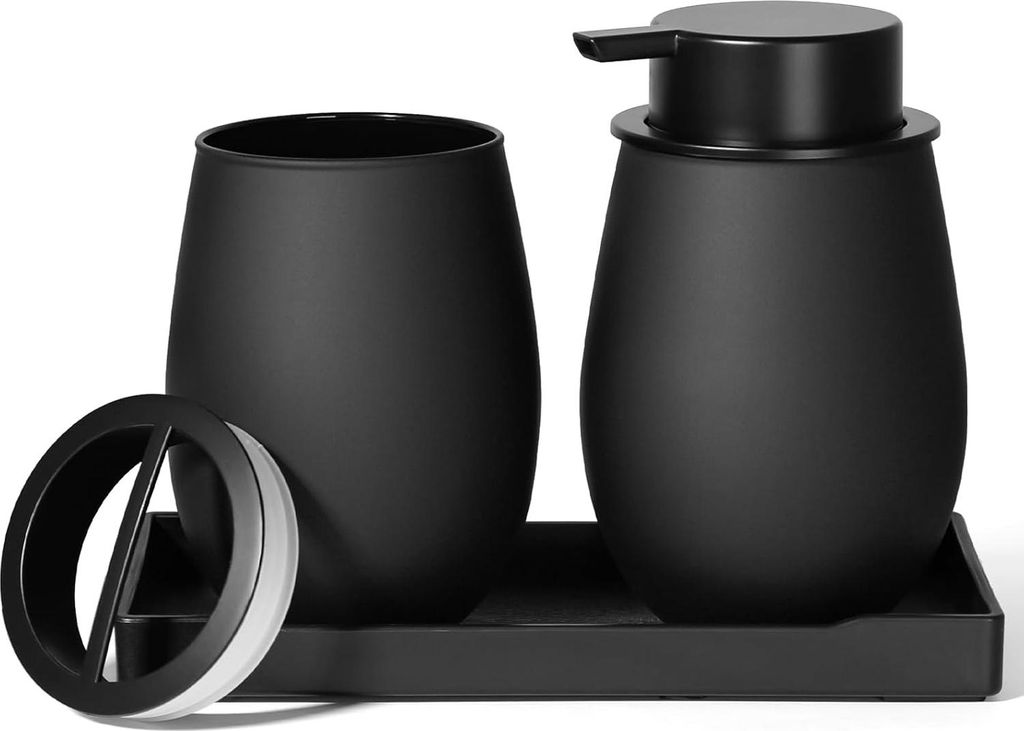 3-teiliges Badezimmer-Set, Matt Schwarz – Keramik Seifenspender, Zahnbürstenhalter & Becher, Stilvolle Bad- und Waschbecken-Aufbewahrung