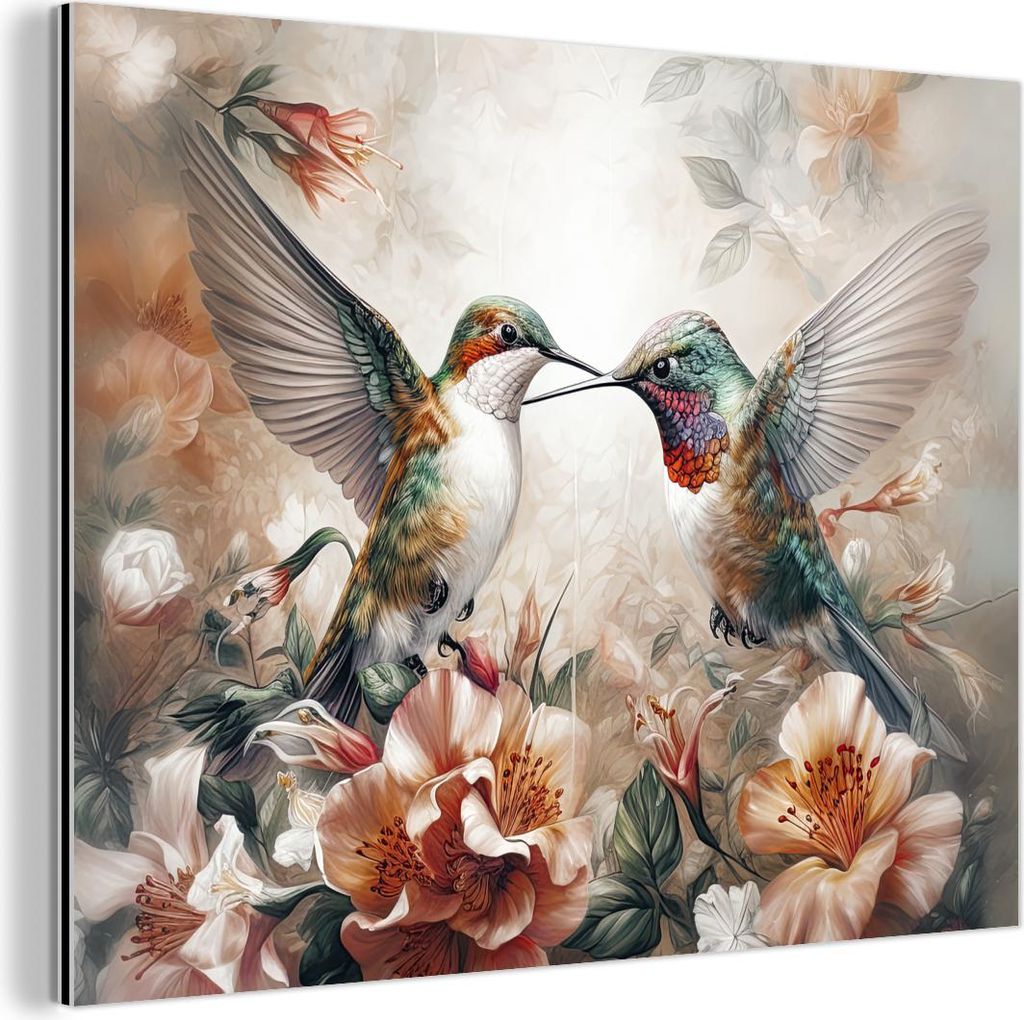 MuchoWow Wanddekoration Metall Metallbild Wandkunst 80x60 cm Kolibri - Vögel - Blumen - Natur MuchoWow Aluminium Gemälde - Alubild