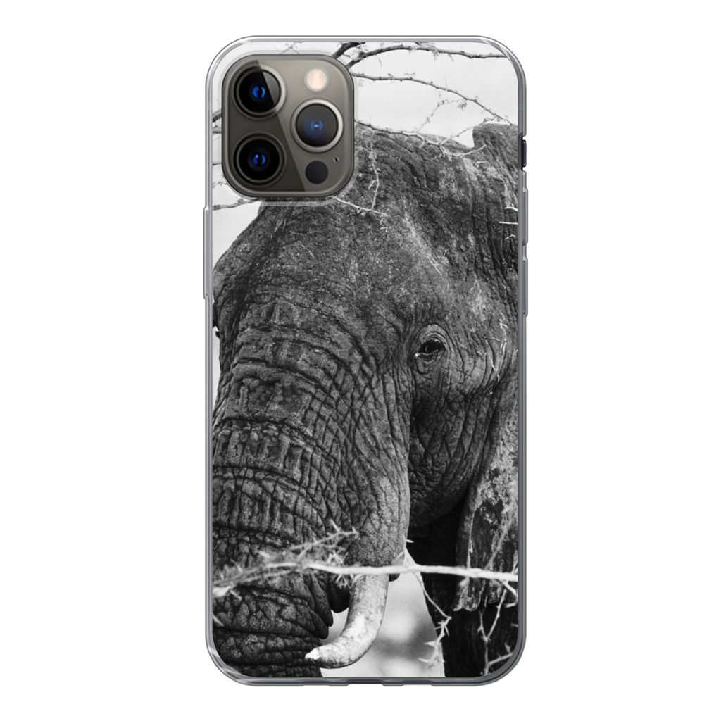 MuchoWow Handyhülle Schutzhülle Hülle für iPhone 13 Pro Elefant - Tiere - Äste - Natur - Schwarz und weiß Silikon Softcase Handy Hülle - H...