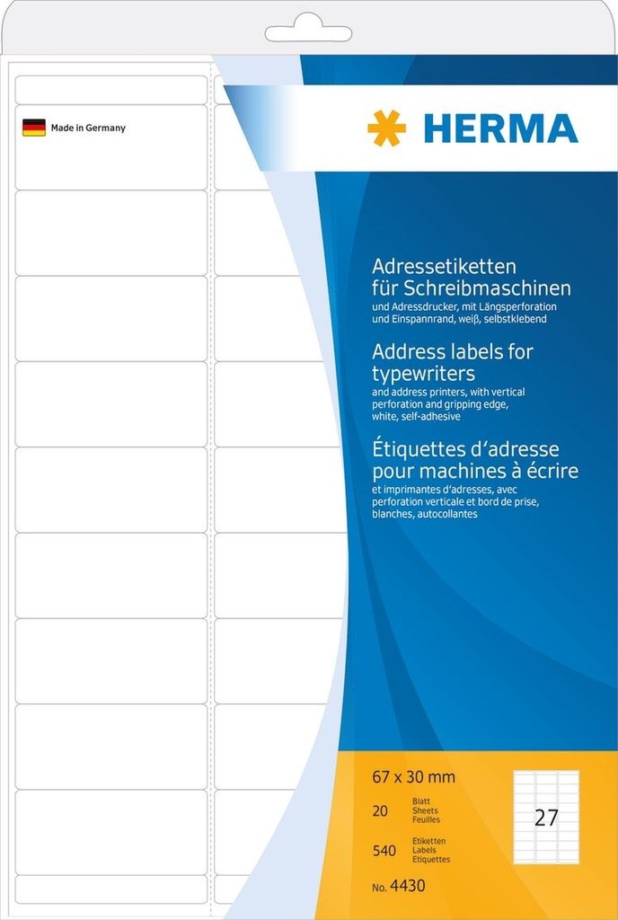 Adress-Etiketten 67x30mm auf A4-Blättern Ecken rund VE=36x540 Stück