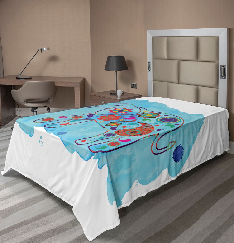 ABAKUHAUS Elefant Bettlaken, Asiatischer Thailand Elefant gefärbt in Paisleys Aqua Hintergrund Aquarell Natur, weiches bequemes oberes Bettlaken f...