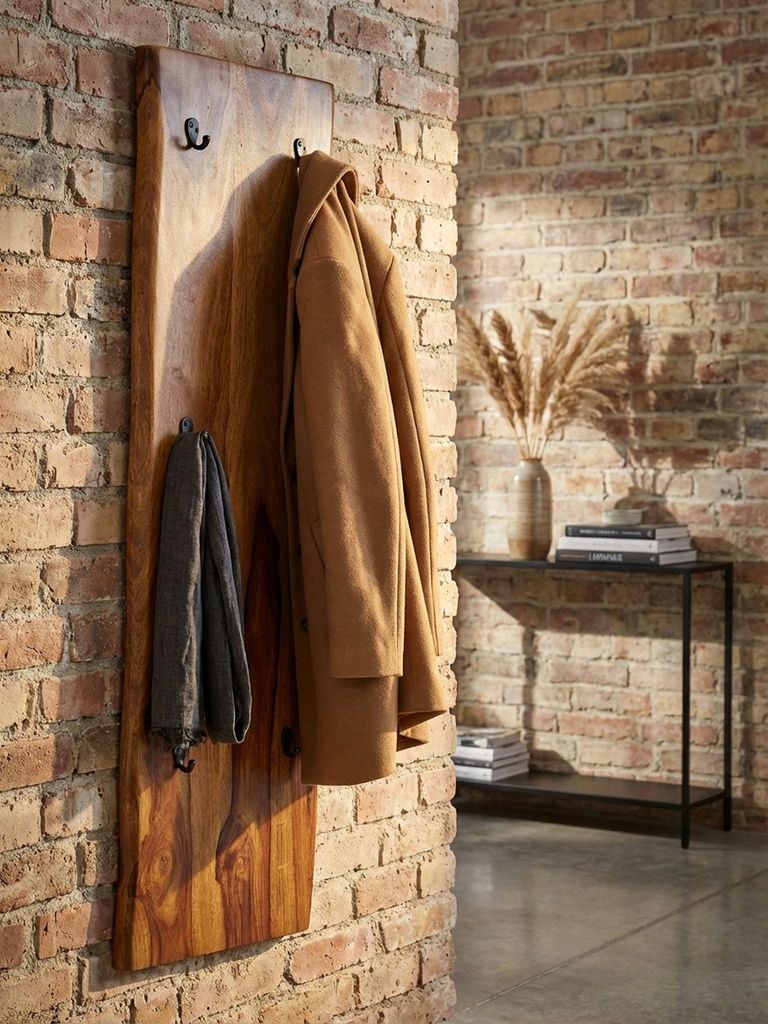 Wandgarderobe Sheesham Massivholz / Metall 40x140x7 cm mit Baumkante, Design Hakenleiste 2-Reihig Flurgarderobe Wand, Garderobe Holz