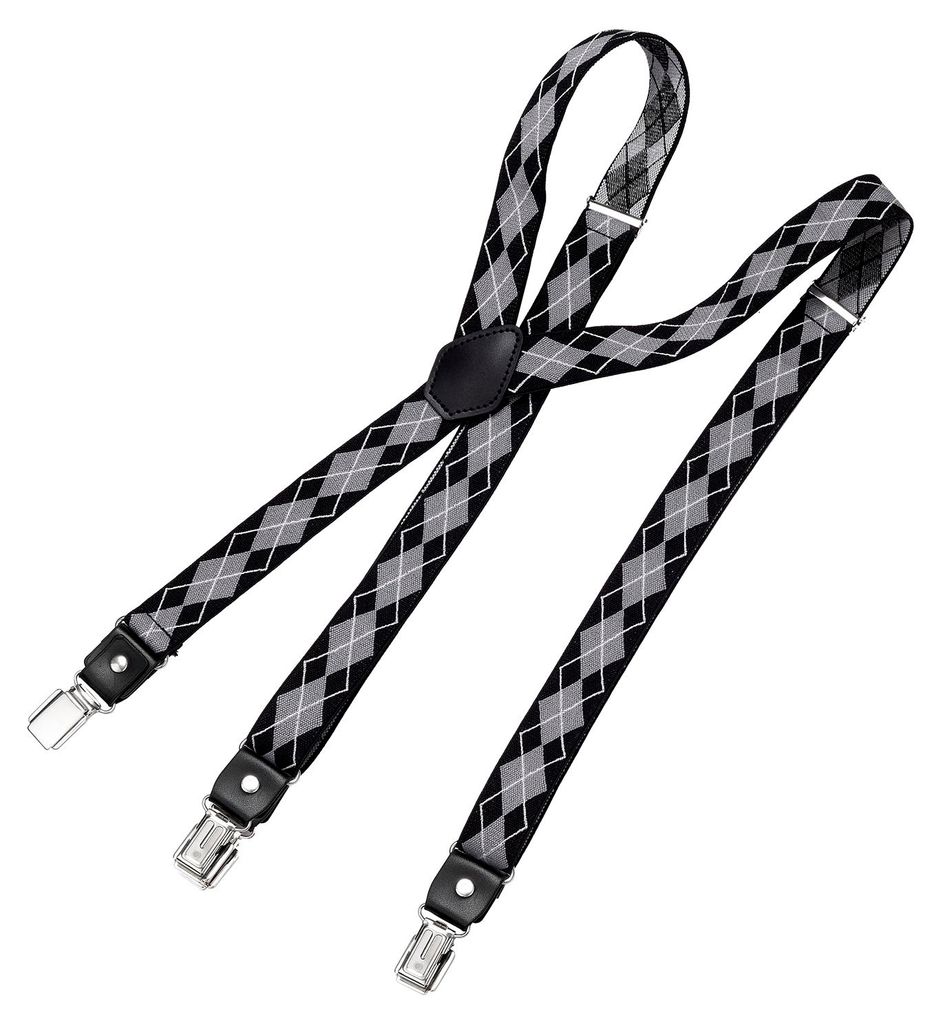 DonDon Herren Hosenträger schmal 2,5 cm – 3 Clips in Y-Form – elastisch und längenverstellbar kariert schwarz grau weiß