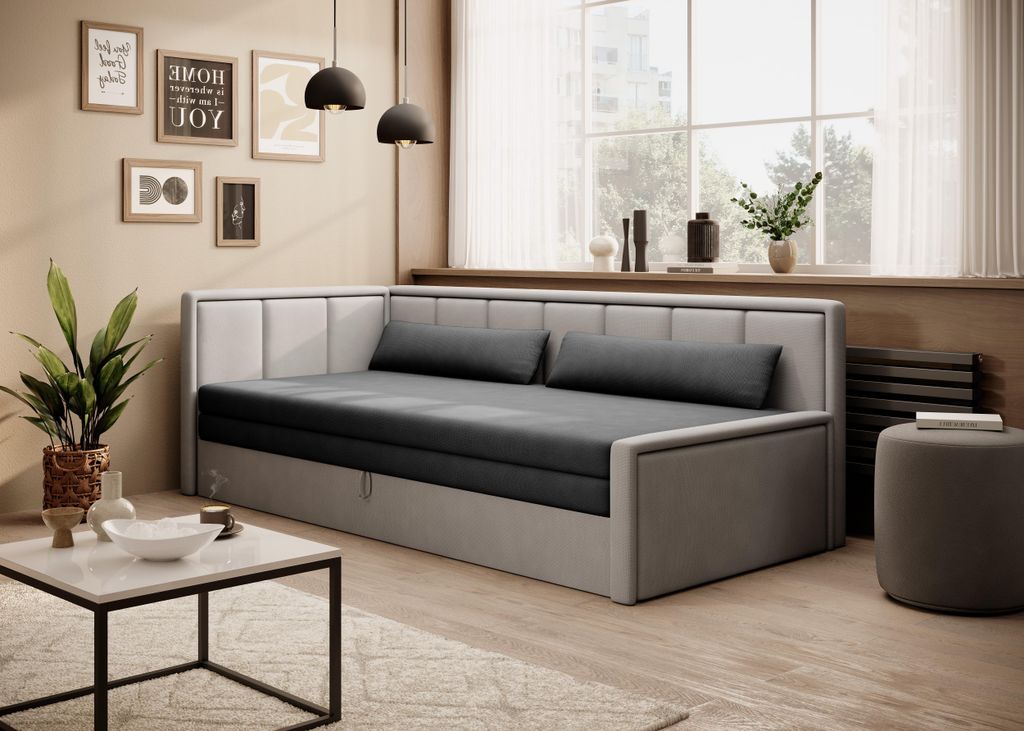 Krudox FULG 3-Sitzer Schlafsofa ausziehbar 214×77×82 cm mit Bettkasten, Stauraum und Kissen, Schlaffunktion 150×200 cm, Stoff POCO 4/3, links