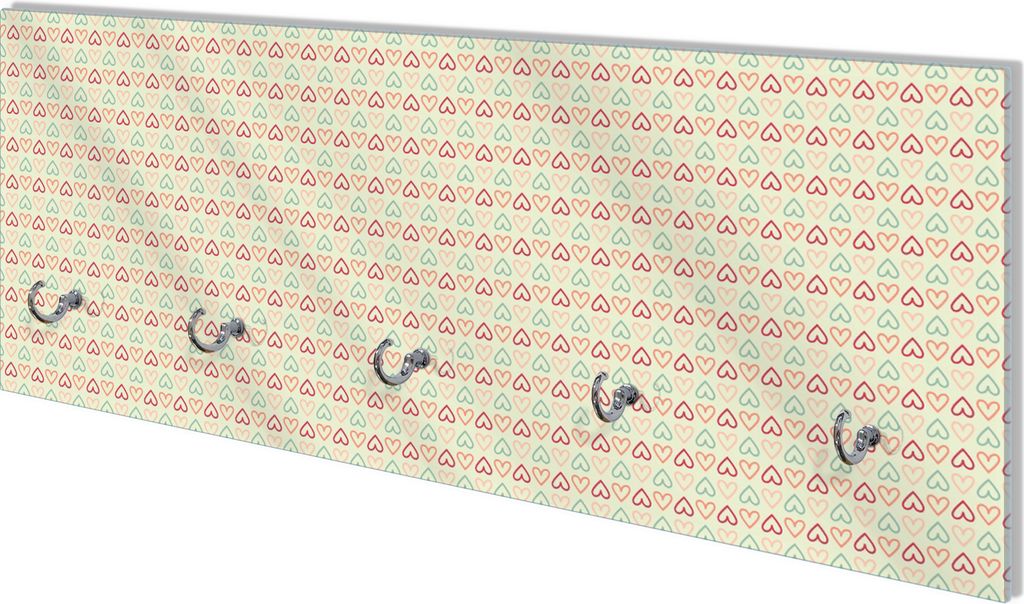 Wallario Flurgarderobe Wandgarderobe aus Glas, mit 5 Haken, Größe 80 x 30 cm, Motiv Muster Herzen in rot, gelb und grün, symmetrisch angeordent