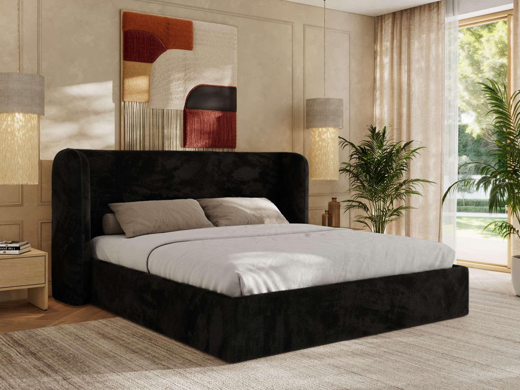 MKS MEBLE Doppelbett Polsterbett EMORA CLASSIC Bett Holzgestell hohes Kopfteil Foam Matratze MIRO LUX 180x200 Schwarz Plüsch