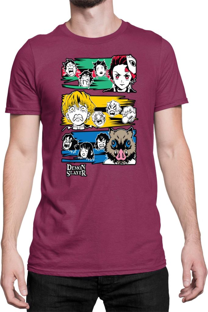 Herren T-Shirt Demon Anime Slayer Kimetsu No Yaiba Tanjiro Zenitsu Inosuke 001, Man S / Burgundy