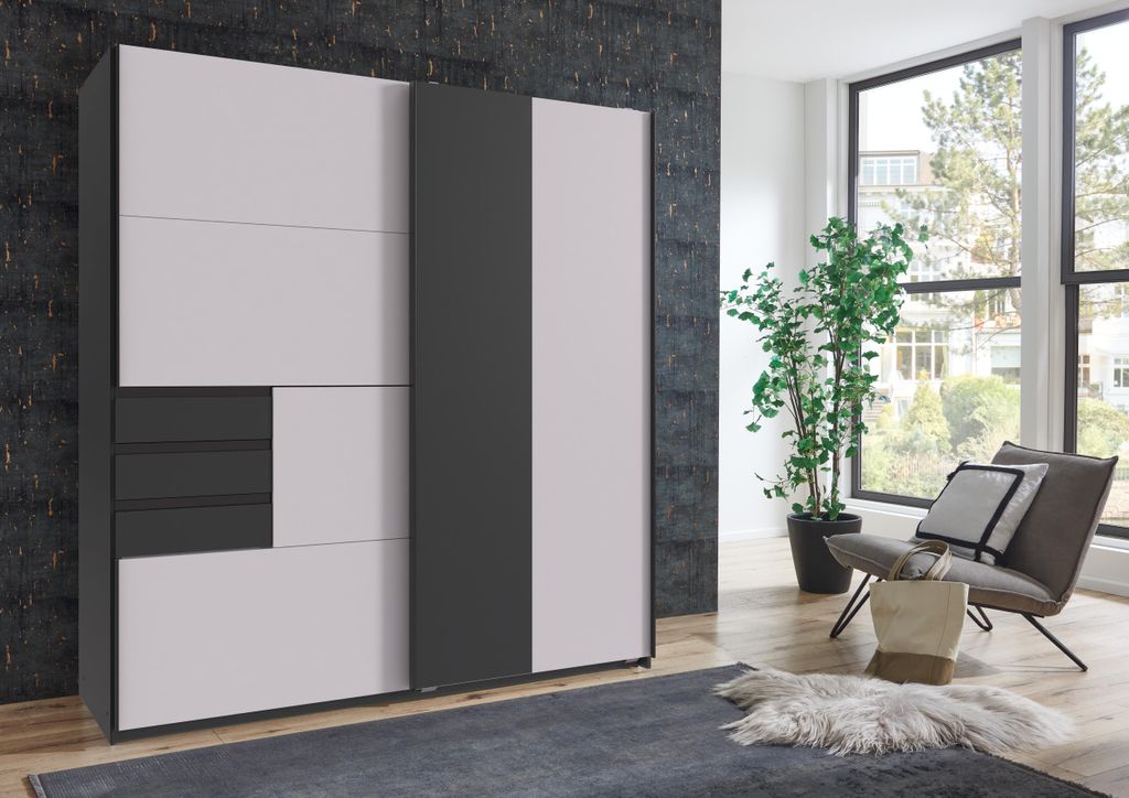 Kleiderschrank Coburg in Weiß mit Grafit ca. 180 x 198 x 65 cm (BxHxT) - Schwebetürenschrank