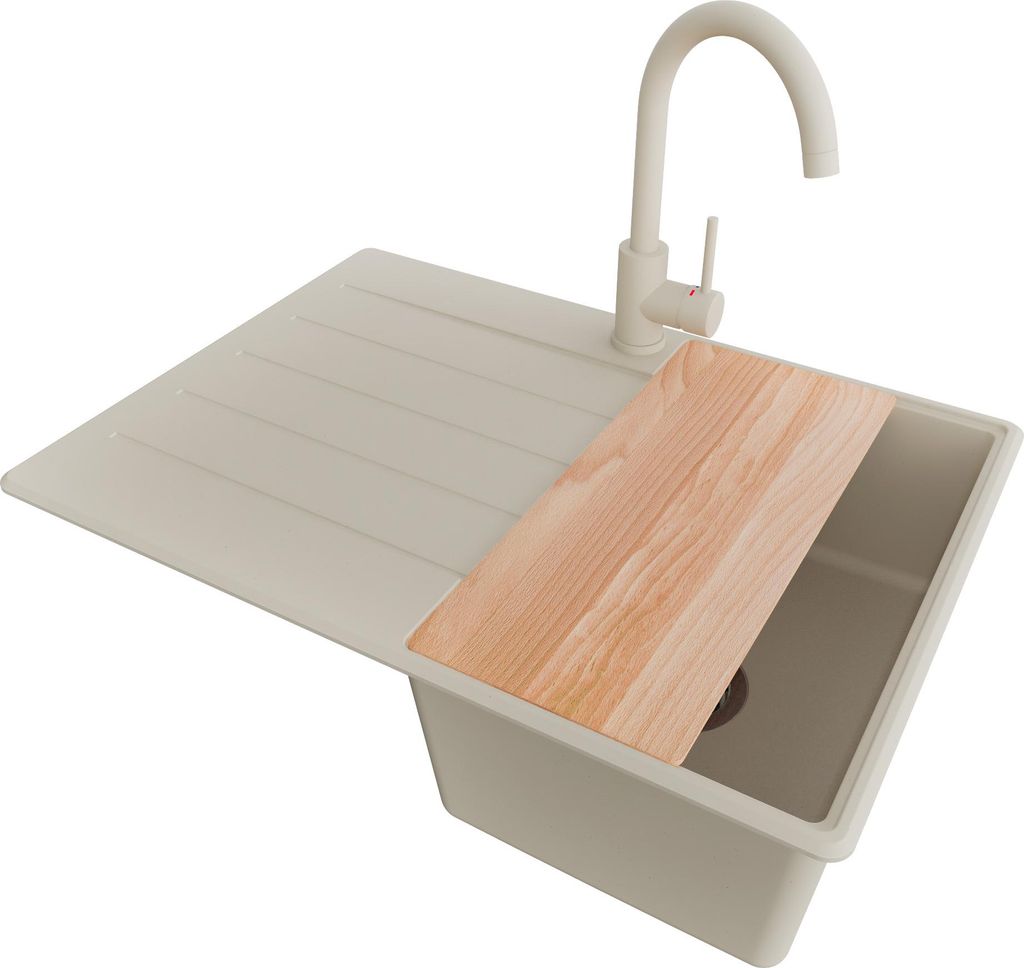 PRIMAGRAN Granitspüle Beige 70x50cm, Spülbecken 1 Becken + Küchenarmatur 32x20cm + Ablauf-Set + Schneidebrett, Küchenspüle ab 40er Unterschran...