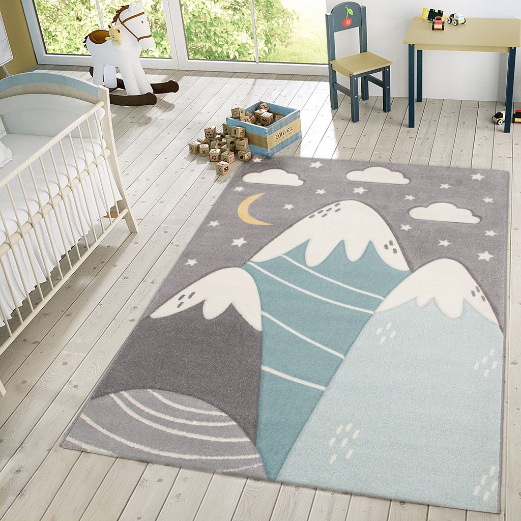 TT Home Kinderzimmerteppich Junge Mädchen Kinderteppich Wolken 3D Optik Sterne Berge Größe 133 cm Quadrat