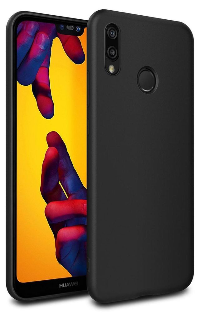 A black phone case is shown next to a smartphone displaying a colorful wallpaper.
