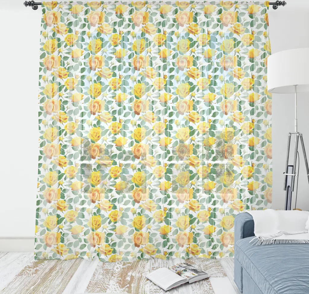 ABAKUHAUS Arazzo fiorito, bouquet di rose, rami, germogli primaverili, motivo profumato su fondo tinta unita, tessuto satinato setoso per soggiorno e camera da letto, 135 cm x 274 cm, giallo, verde, pesca scuro