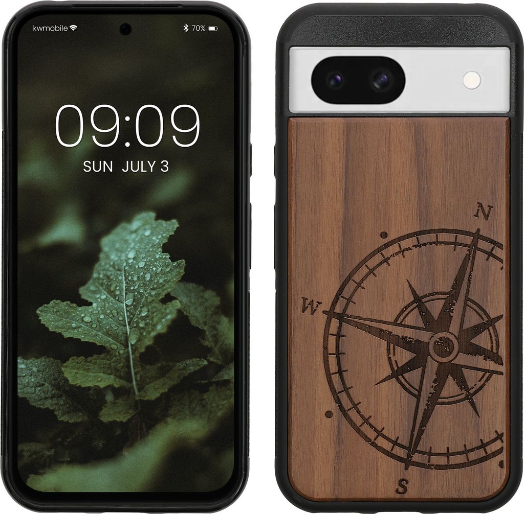 kwmobile Hülle kompatibel mit Google Pixel 8a Hülle - Holz Case - Handy Cover - TPU Handyhülle in Dunkelbraun Kompass Vintage