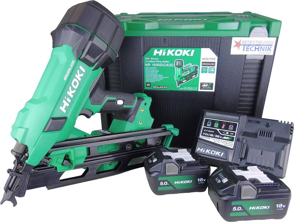 34° HiKoki 18V Akku Nagler Streifennagler 50-90mm 2x5,0 Ah NR1890DBCLW3Z BG-Bau für DNW Nägel