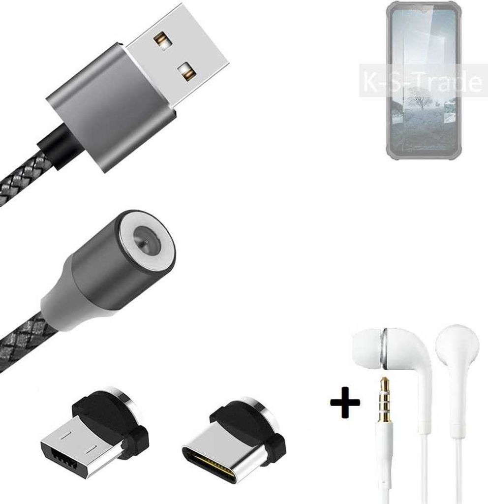 K-S-Trade Hochwertiges Magnet-Lade-kabel Sync-Kabel Daten-Kabel + Kopfhörer kompatibel mit Oukitel WP22 mit USB-Typ-C-Anschluss und