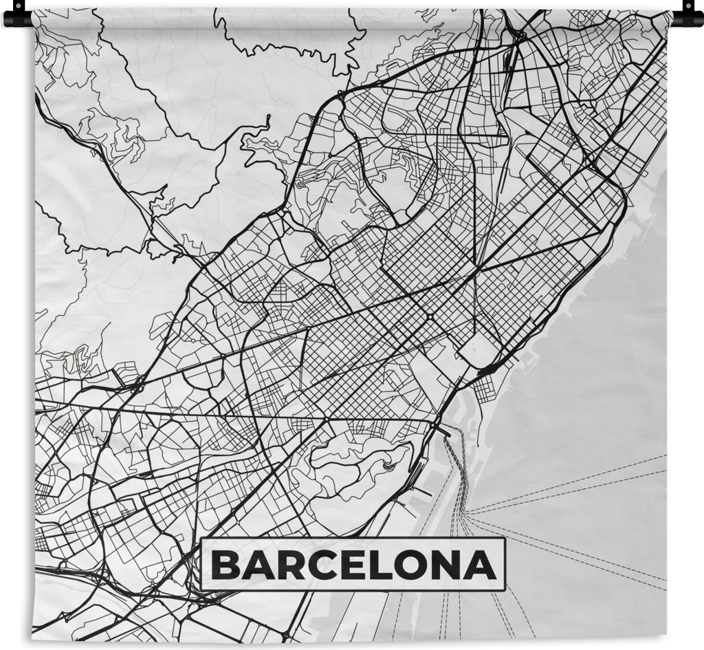 MuchoWow Wandteppich Wandbehang Karte - Barcelona - Stadtplan - Schwarz und weiß 120x120 cm Tapisserie Dekoration Wandtuch - Modern - Baumwollge...