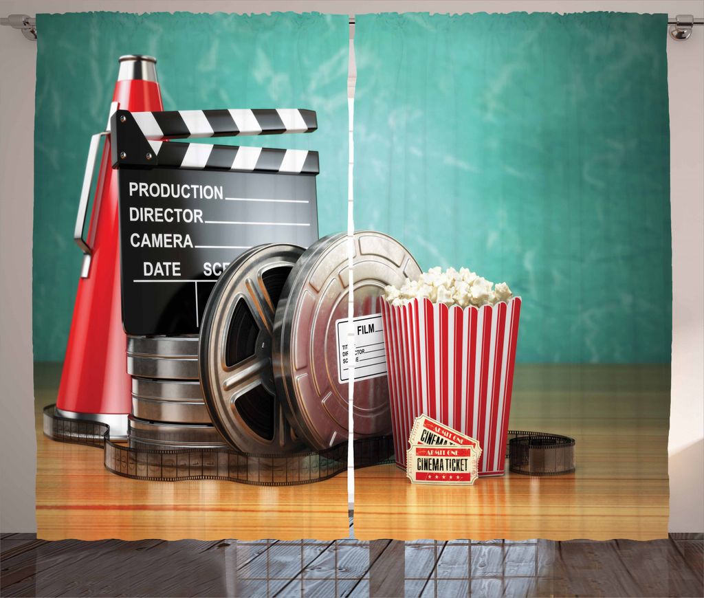 ABAKUHAUS Kino Rustikaler Gardine, Produktion Theme, Schlafzimmer Kräuselband Vorhang mit Schlaufen und Haken, 280 x 245 cm, Mehrfarbig