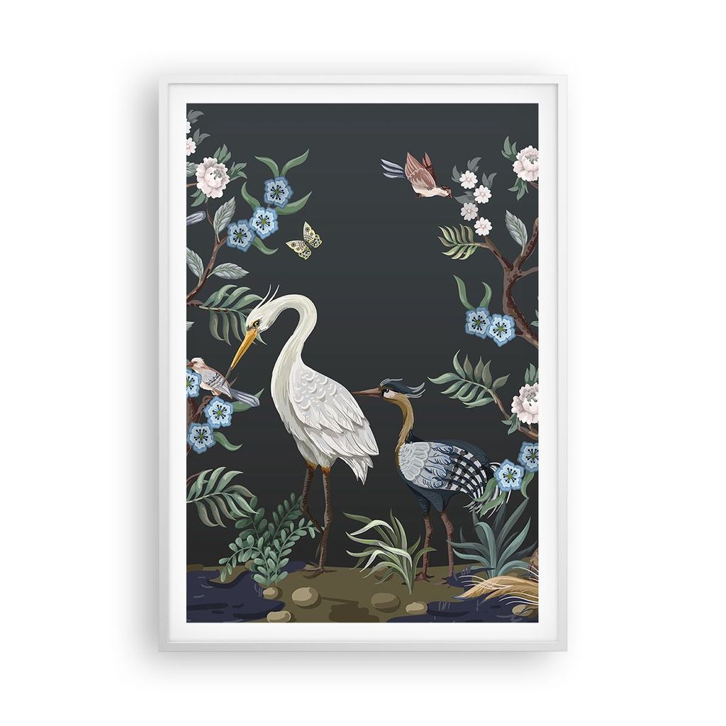 Gerahmtes Poster - Weißer Rahmen - Asiatisch Reiher Blumen - 70x100 cm - Wand Bild - Wanddeko - Wandbilder - Kunstposter - Wandposter - Bilderrahm...