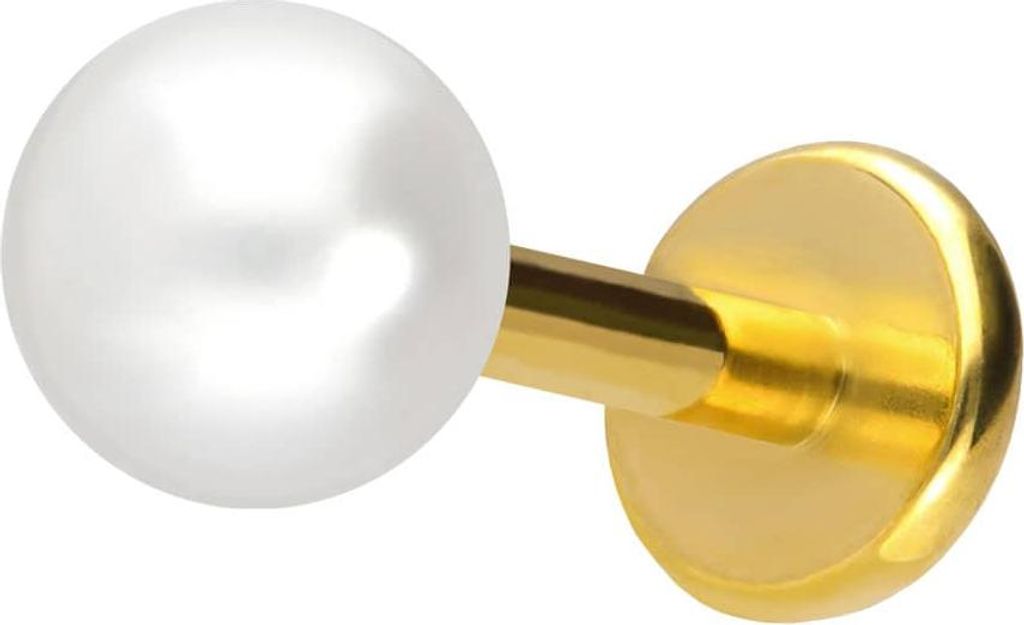 Ohrpiercing, Nasenpiercing Titan Labret mit Push Fit SYNTHETISCHE PERLE Gold Stablänge: 7mm | Stabstärke: 1mm | Perlengröße: 4mm