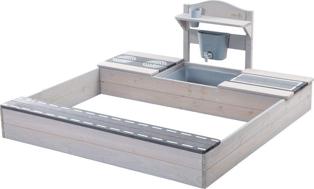 roba Sandkasten mit Matschküche und Sitzbank - Massivholz grau, als Straße bemalte Sitzbank - Spielfreude mit Sand & Wasser für Kinder