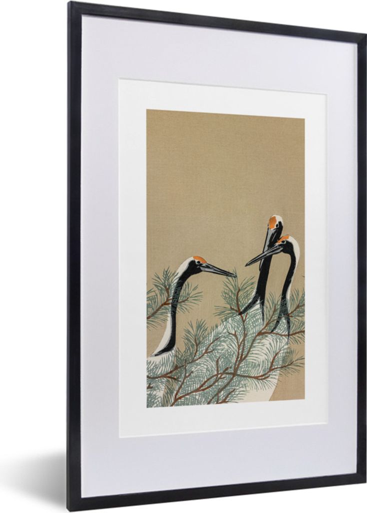 MuchoWow Gerahmtes Poster Japandi - Kranich - Blätter - Zweig 40x60 cm - Poster mit Schwarzem Bilderrahmen Wandposter Rahmen Foto Bilder - Poste...