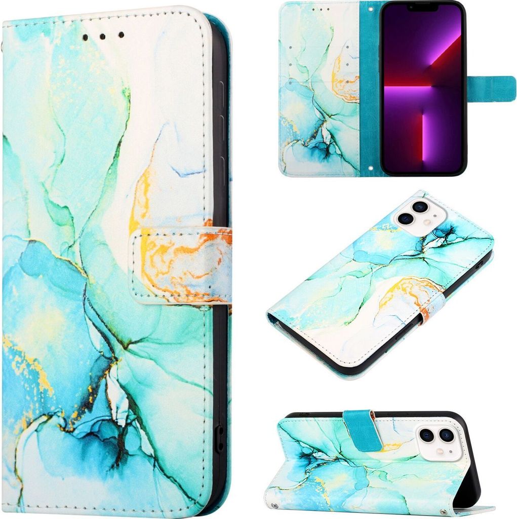 iPhone 11 Hülle, Marmor Motiv Kunstleder Tasche Wallet Kartenfächer mit Standfunktion Klapp Schutzhülle für iPhone 11 Grün