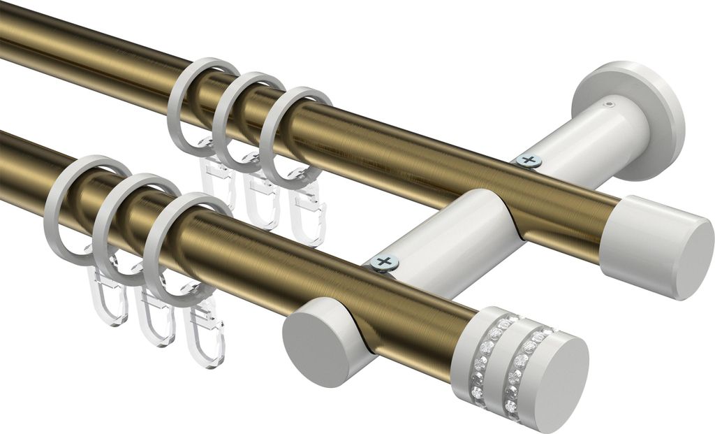 Interdeco Gardinenstange / Vorhangstange Messing Antik / Weiß, Typ Platon Estana (Glitzerkappe), 20 mm Ø 2-läufig, 180 cm