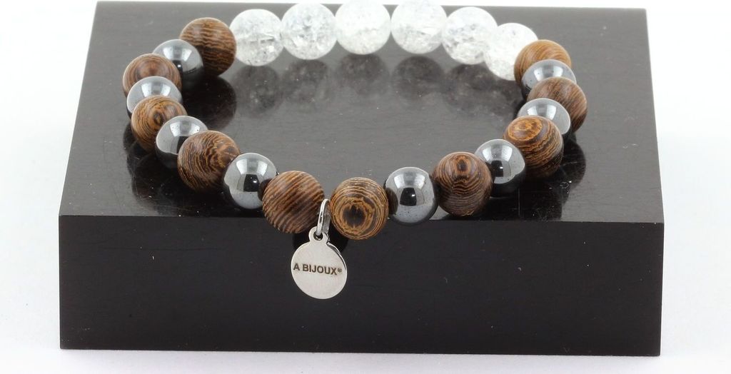 Armband aus gebrochenen Quarzperlen aus Brasilien + Hämatit + Holz 8 mm