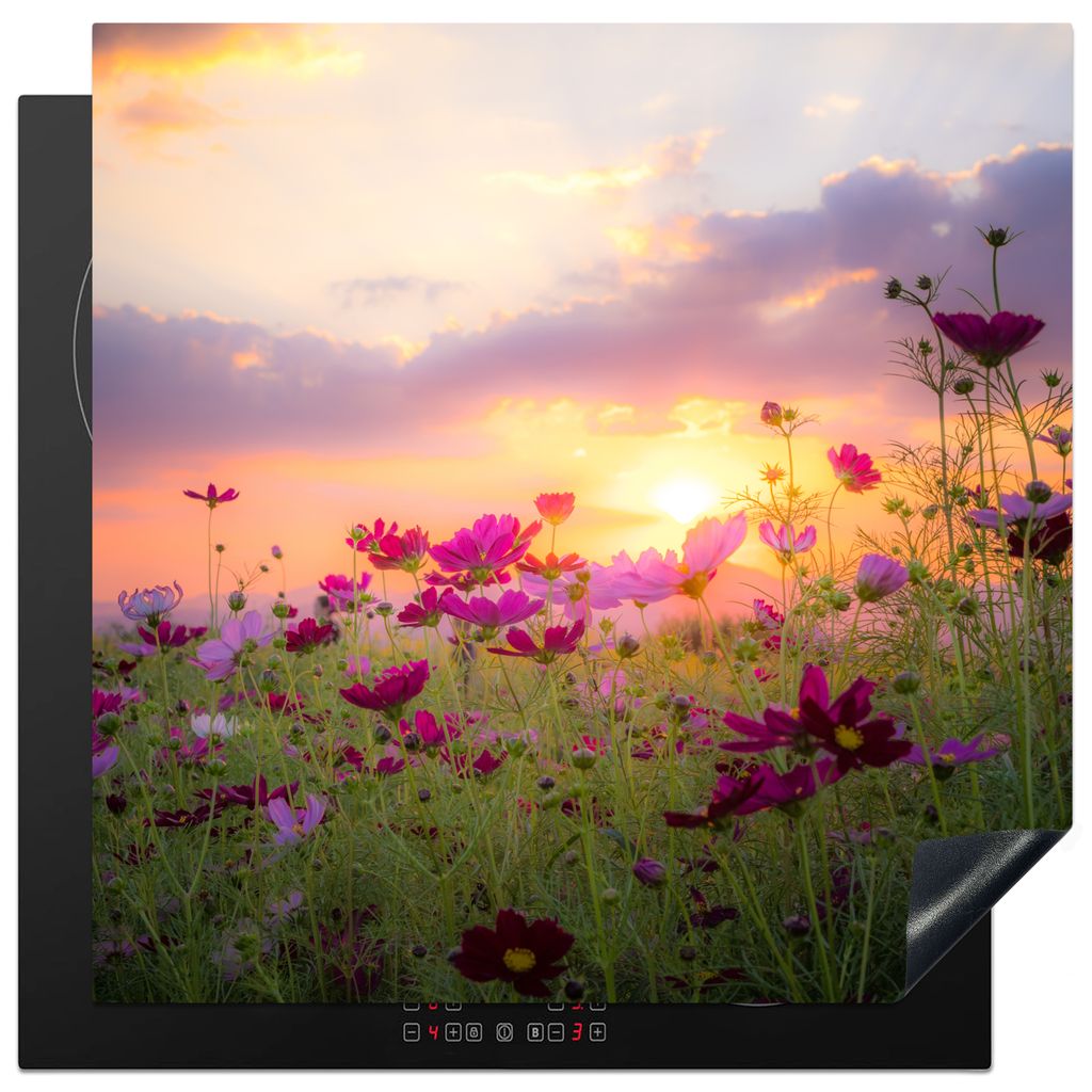 KitchenYeah Herdabdeckplatte Blumen - Rosa - Sonnenuntergang - Natur - Wiese - Horizont , 78x78cm, Küche Deko, Glaskeramikkochfeld Herdabdeckung...
